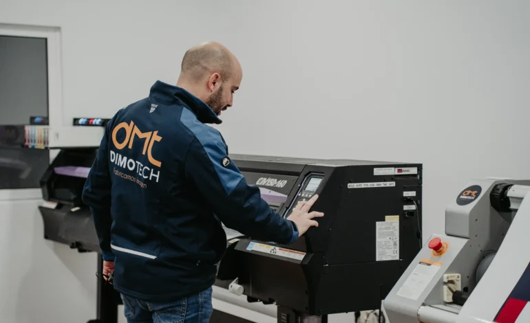 Técnico operando máquina ploter impresión gran formato para logos